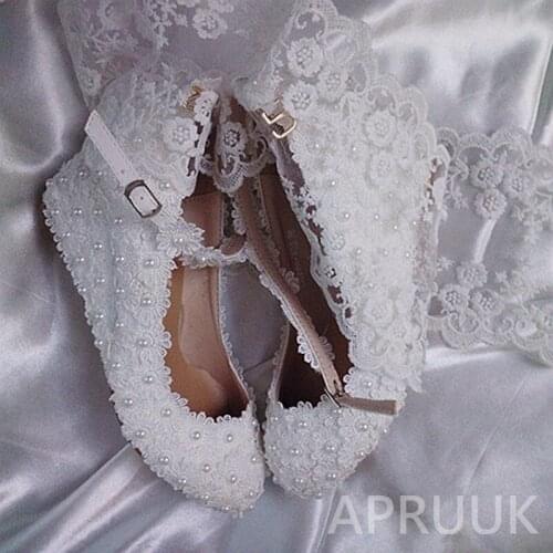 5CM wedged wedges heel woman wedding shoes bride white color lace flower pearls bridal ankle buckle straps party wedding pumps