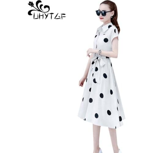 UHYTGF Womens dress fashion single-breasted pullover chiffon summer dresses for women Polka dot pocket bandage beach dress 934
