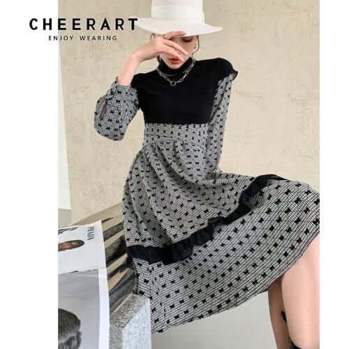 CHEERART Vintage Winter Long Sleeve Knitted Midi Dress Women Turtleneck Black Butterfly Patchwork Tunic Ladies Long Dress