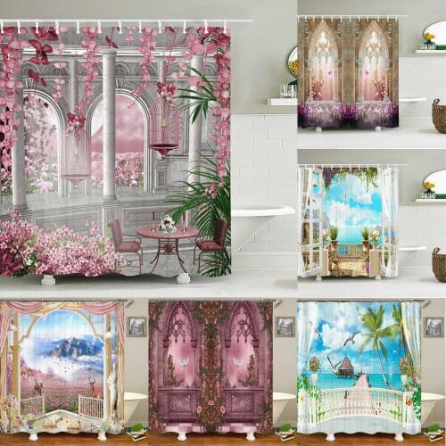 3D Waterproof Fabric Shower Curtains European style Arched Flower Printed Bath Curtain Large 240X180 with Hooks Bathroom Screen