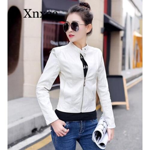Elegant White Women Leather Jacket Short Washed PU Leather Motorcycle Jacket Slim Female Soft Leather Large Black white short