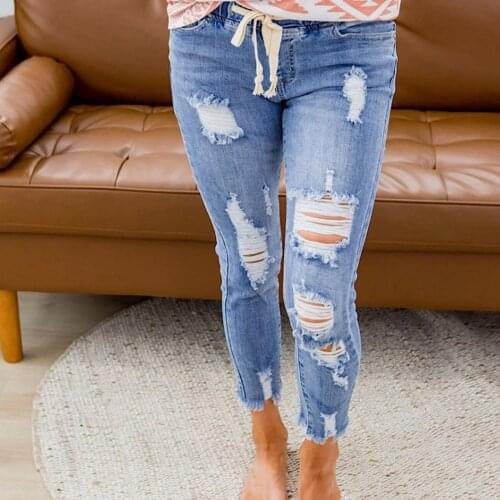 Women Ripped Hole Stretch Jeans Drawstring Denim Jean Sexy Slim High Waist Ladies Plus Size Pencil Pants Брючные Костюмы #T2Q