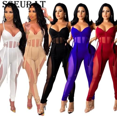 SSEURAT Women Jumpsuit Solid Mesh Patchwork Sleeveless Bandage Halter V-neck Jumpsuits Fashion Sexy Club Outfit Summer 2021