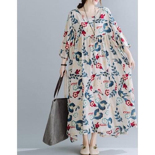 One-Piece Plus Size 5XL 6XL Elegant Women Dress 2020 Autumn Vintage Bat Short Sleeve Floral Printing Casual Loose Maxi Dresses