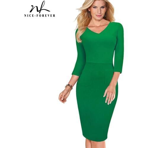 Nice-forever Vintage Elegant V-Neck Bodycon Solid Color vestidos 3/4 sleeve Brief Formal Business Work Women Dress G683