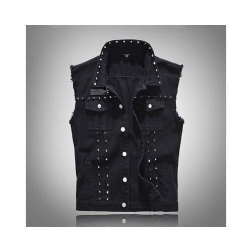Men Rivet Hole Jeans Waistcoats 5Xl Spring Autumn Mens Vest Vintage Denim Jeans Vest Male Black Sleeveless Jackets