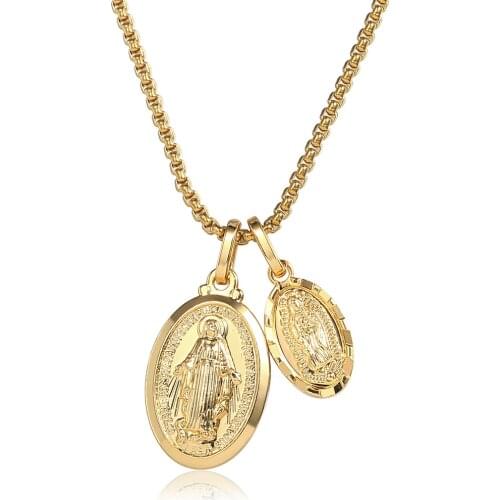 2mm Double Christian Pendants Necklace for Men Women Virgin Mary Pendants Box Chain Fashion Religious Jewelry DN218