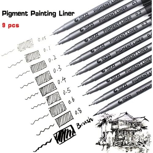 9pcs/Lot For Copic Markers for STA Water Based Brush Markers 9 Sizes For Pigment Liner Fineliner Pens for Art School Supplies