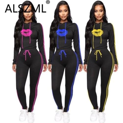 ALSZML hooded special design lip print long sleeve crop top and pants 2 pieces set casual lady fashion tracksuits