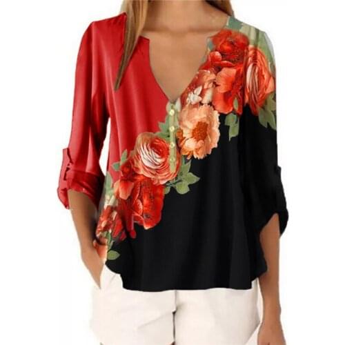Women Fashion Floral Printed Blouse Slim V-neck Shirts Half Sleeve Shirts Blusas Feminina Top For Female Plus Size