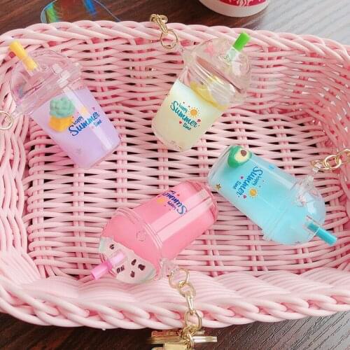 Floating Fruit Decompression Keyring Acrylic Milk Tea Cup Keychain Moving Liquid Quicksand Key Ring Car Bag Pendant Women Gift