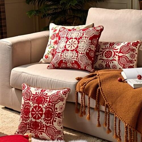 Decorative Lumbar Throw Pillow Cover Red Blue Embroidered Rectangle Pillow Cover Cushion Cases for Couch Sofa Living Room