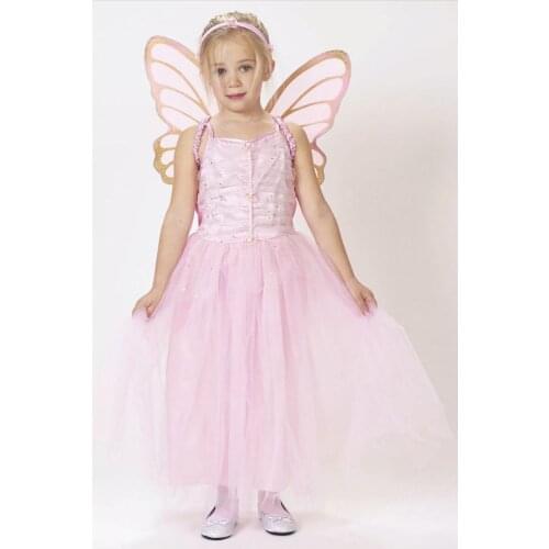 Kid Girls Pink Neverland Fairy Costume Children Tinkle Cosplay Suit Birthday Party Long Cute Dance Mesh Dress Outfit With Wings