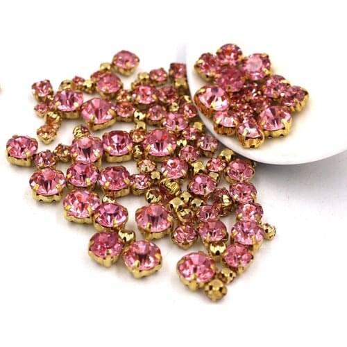 Hot slae 100pcs/bag Mixed size Pink glass strass Clothing loose beads gold base sewing Crystal rhinestones diy Wedding dress