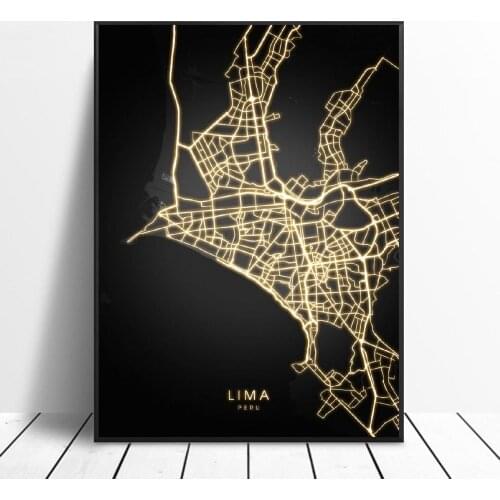 Lima Peru Black and gold Canvas Wall Art Map Poster