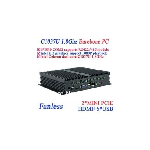 Barebone IPC fanless mini pc Celeron C1037u 1.8 GHz 6 COM VGA HDMI Mini PCIe windows or Linux