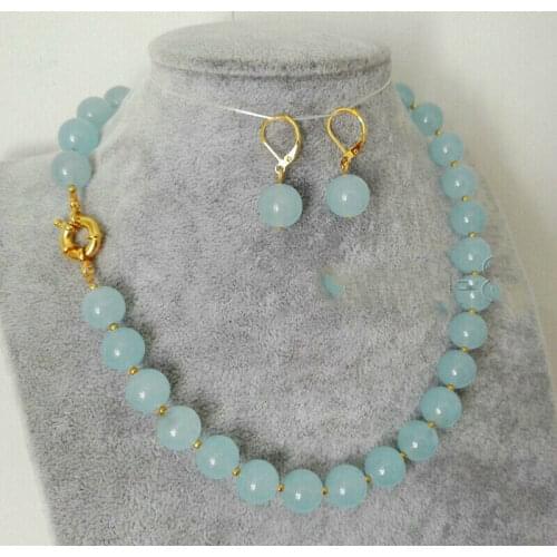 Handmade 12mm Natural Light Blue Jade Round Beads Necklace Earring Set 18