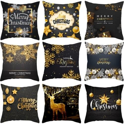 45*45cm Black Gold Printed Merry Christmas Pillowcases For Home Polyester Sofa Cushion Cover Xmas Decorative Throw Pillow