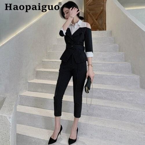 2019 Fall Clothes Print Striped Work Office Two Piece Set Off-shoulder Black Blouse and Ankle-Length Pants Elegant 2 Piece Set
