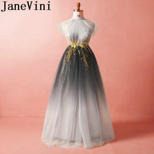 JaneVini 2019 Sexy Long Bridesmaid Dresses Gradient Gray A-Line Halter Gold Lace Appliques Plus Size Vestido De Festa Casamento