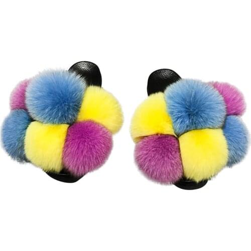 Summer Women Slippers fox Fur Slides For Women Fluffy Slippers House Female Shoes Woman Slippers With Fur Pom Pon Furry Slides