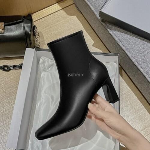 Womens Boots 2021 Autumn Winter New Style European Style Pointed Toe High Chunky Heels Boots Shoes Women Slip on Fashion Boots