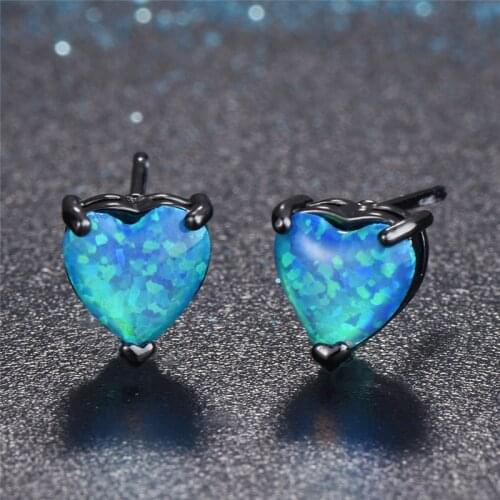 Female Cute Heart Opal Stud Earrings White Blue Green Stone Small Earrings Vintage Black Gold Earrings For Women Wedding Jewelry