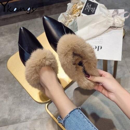 Winter Warm Real Rabbit Fur Slippers Mules Pointed Toe Elegant 2020 Womens Autumn New Furry Slides Flip Flops Office Work Shose