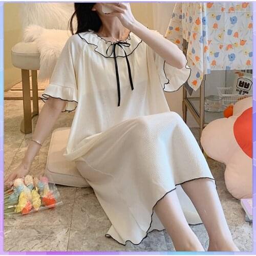 Sweet Bow Women Nightgowns Lace Sleepwear Womens Cotton Nightwear Home Clothing Night Dress Female Sexy Lingerie Gown Nightie