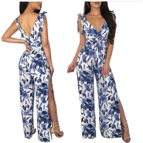 New Summer Jumpsuit Women Floral Deep V-Neck Female Playsuit Sexy Ladies Sleeveless Clothes Bodycon Print Jumpsuit Rompe
