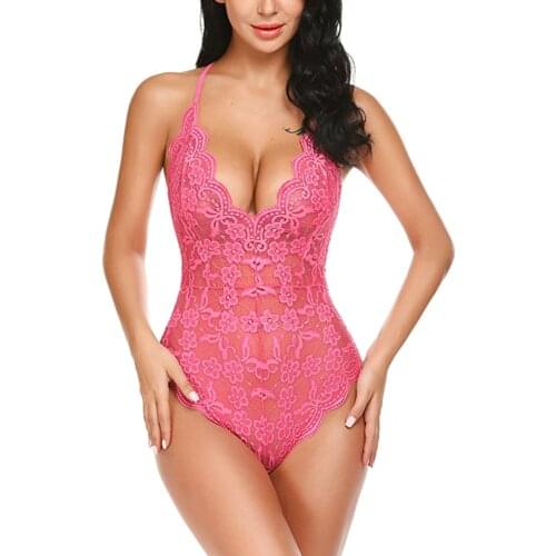 Women Solid Color Sexy Jumpsuit, Sleeveless Suspender Backless Lace See-through Lingerie, Black/ White/ Purple/ Blue/ Green/ Red