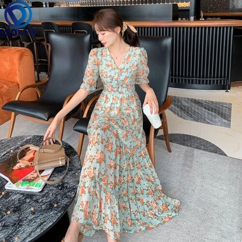 Green Chiffon Floral Print Long Dress Female 2021 New Summer Fashion Casual Temperament V-Neck Short Sleeve Dress Women Dress