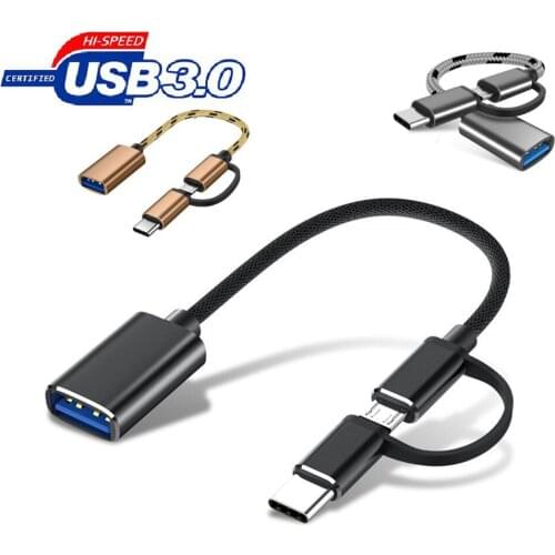 2 in 1 USB 3.0 OTG Type-C Male + Micro USB Male To USB 3.0 Female OTG Adapter Nylon Braid Data Cable For Phone Tablet U Disk