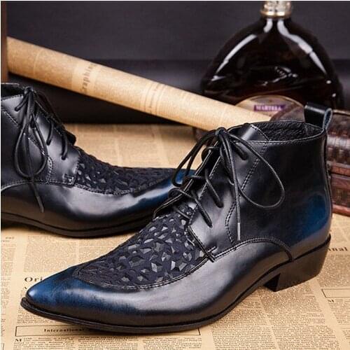 Christia Bella Genuine Leather Party Male Lacp Up Short Boots Fashion Man Large Size Pointed Toe Ankle Boots Mens Winter Boots