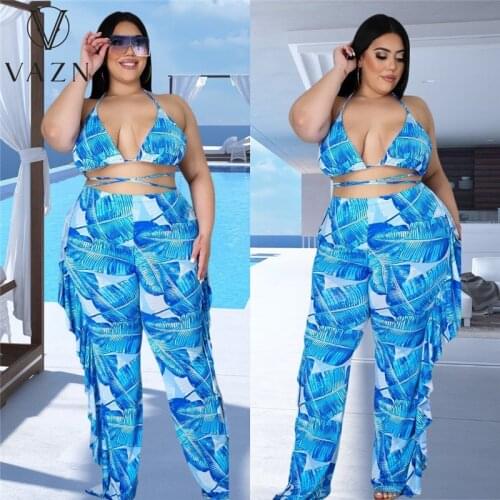 VAZN 2021 New Chiffon Beach Bikini Set Plus Size High Quality Free Young Bikini Top Long Wide Leg Pants Women 2 Piece Set