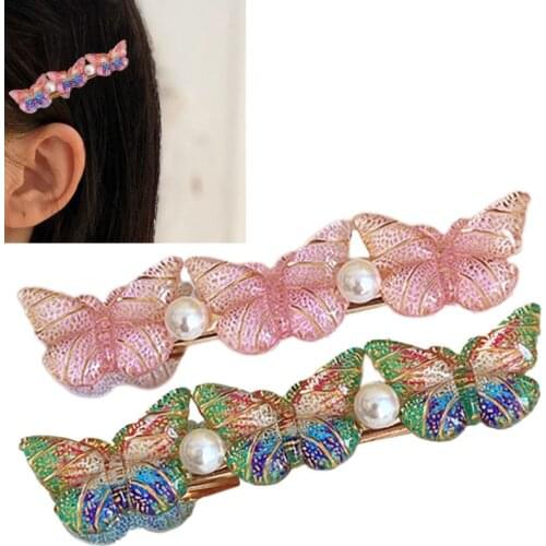 Korean Women Fairy Metal Duckbill Hair Clip 3D Glitter Colorful Butterfly Barrettes Jewelry Pearl Side Bangs Hairpins