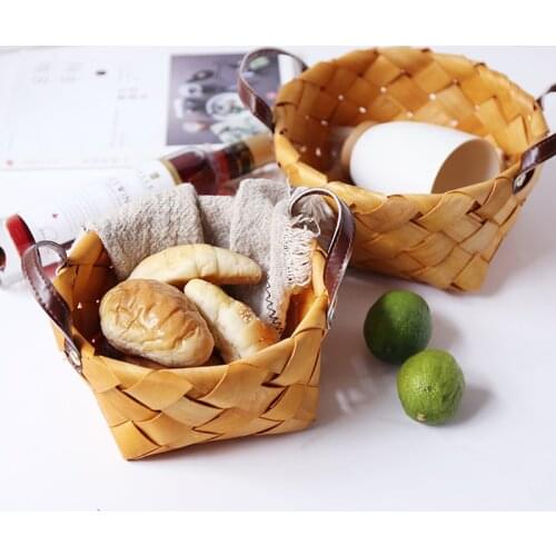 Creative Handmade Wooden Woven Baskets With Handle Vegetable Fruit Bread Food Storage Picnic Snack Container Kitchen Storage Bag