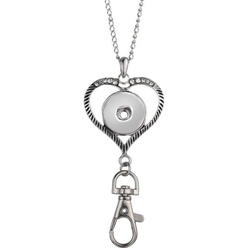 Love heart Shape Working ID Holder Lanyard Snap Pendant Necklace 18mm Snap Button Jewelry Snaps Necklace For Snap Jewelry