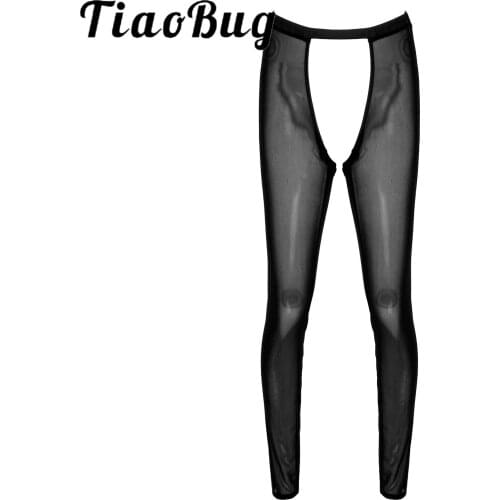 Mens Erotic Pantyhose Pants Hollow Out See-through Mesh Slim Leggings Stocking Elastic Waistband Crotchless Sheer Sexy Underwear