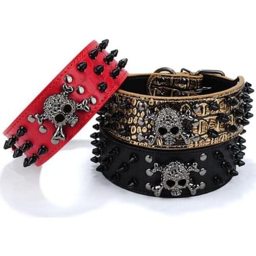 2" Width Spike Studded Dog Collars PU Leather Pet Puppy Camouflage Durable Collar Pet Skull Decor Chain for Small Large Dog Cat