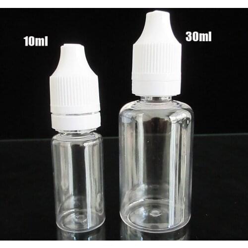 50pcs 10ml 30ml PET Empty Bottle Plastic Refillable Dropper Bottle,oil E juice Bottlle Needle Tip Eye Drops Black /White Cover