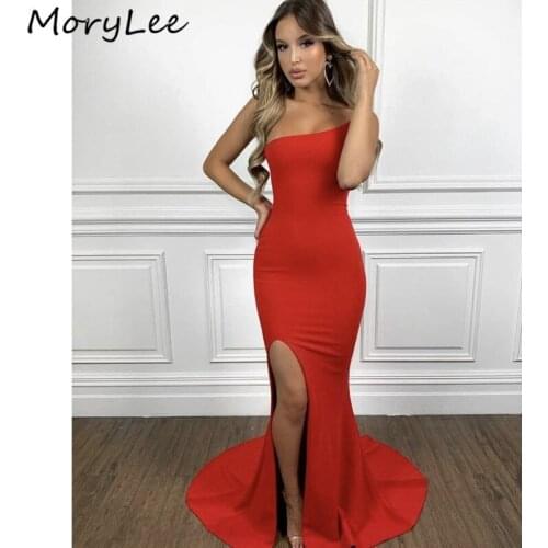 Prom Dresses One Shoulder Sleeveless Side Slit Spandex Satin Mermaid Prom Dresses With Zipper Back vestidos de fiesta de noche