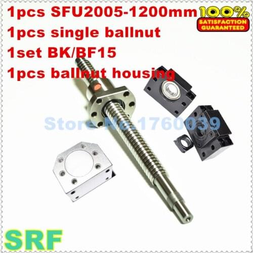 SFU2005 20mm Rolled ballscrew set : 1pcs SFU2005-L1200mm+1pc single ballnut +1set BK/BF15 +1pcs 2005 ballnut housing for CNC