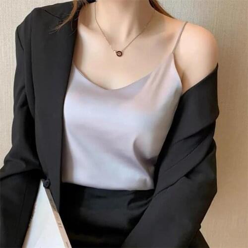 Spaghetti Strap Top Women Halter V Neck Basic White Cami Sleeveless Satin Silk Tank Tops WomenS Summer 2021 Camisole Plus Size