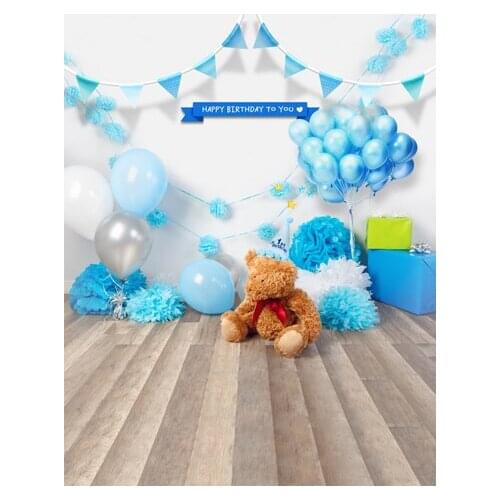 TR Newborn Photography Backdrop Blue Balloons Teddy Bear with Wood Floor Baby Birthday Party Backdrops Vinyl Background Custom
