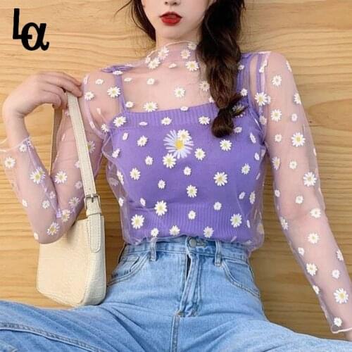 Luck A Korean Style Mesh Top Daisy Under Shirt 2020 New Harajuku Aesthetic Cute Lace Flower Tshirt Long Sleeve Mesh Top