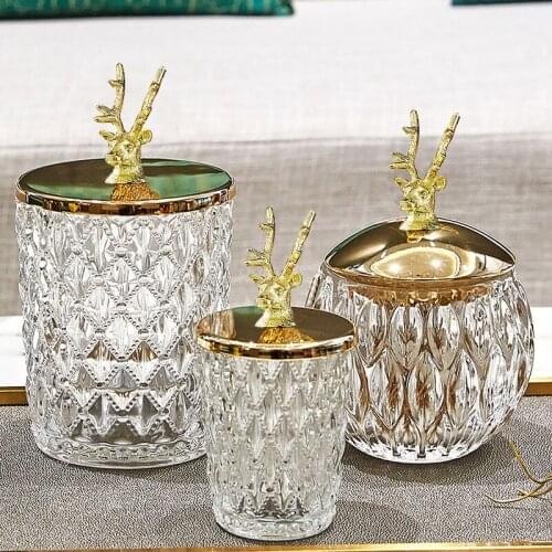 High-end Golden Deer Head Storage Jar Crystal Glass Candy Jewelry Box Geometric Relief Thickened Glass Cotton Swab Jar with Lid