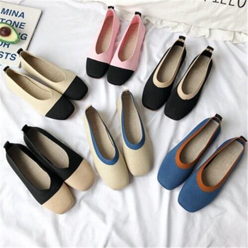 Women Flat Shoes Square Toe knitted Shollow Slip-on Flats Ladies Mixed Color Fashion Outdoor Casual Comfort Shoe 2021 New