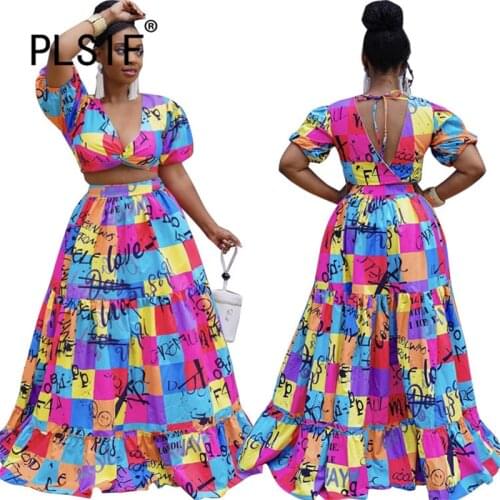 Women Beach Holiday Sexy Maxi Dress Suit Summer Short Sleeve 2 Pieces Outfits Female Matching Set