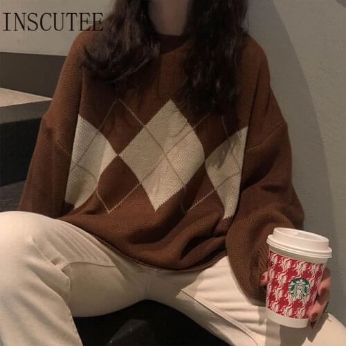 Inscutee Harajuku 90s Aesthetics Warm Pullovers Women Vintage Y2K E-girl Long Sleeve O-neck Geometric Pattern Loose Knit Sweater